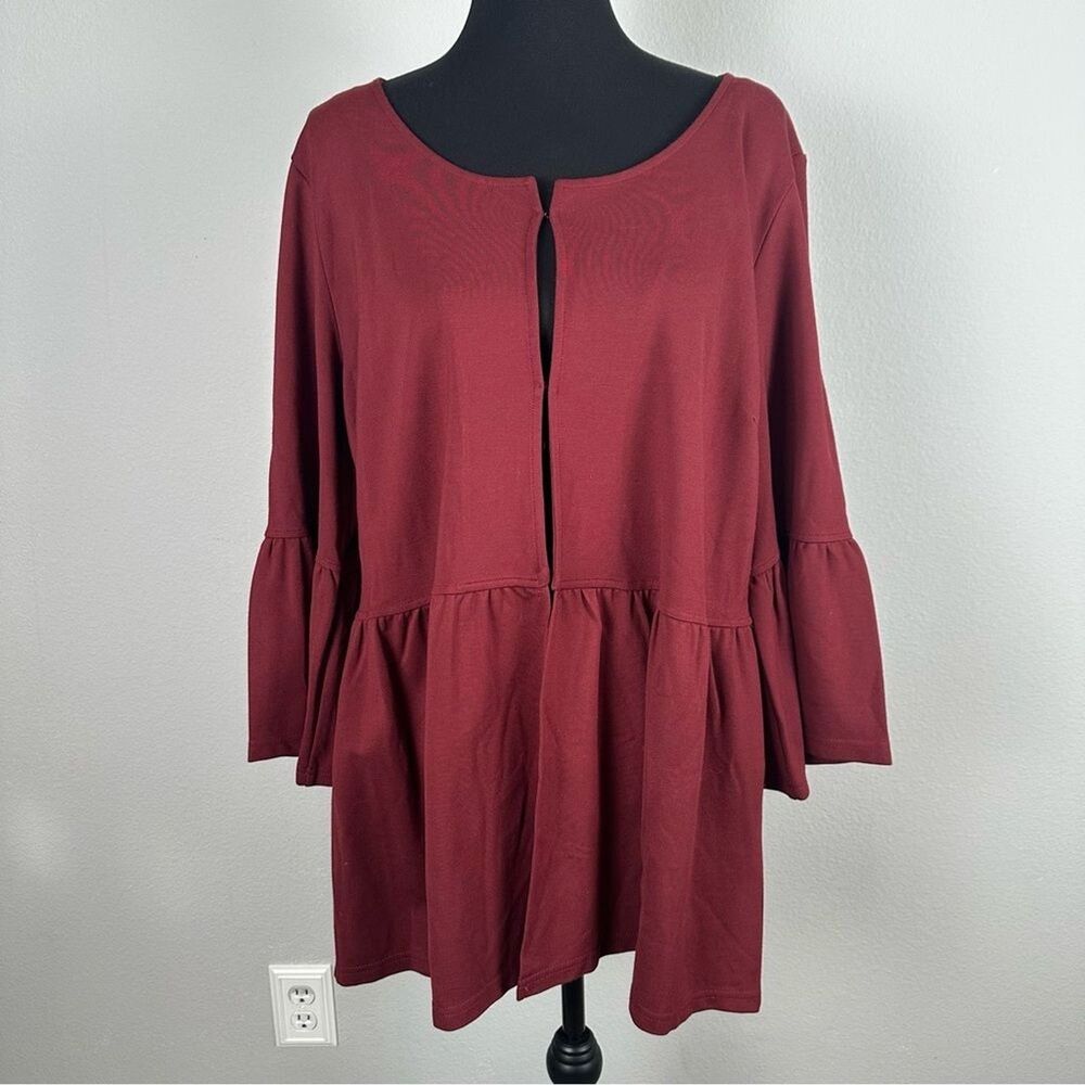 Suzanne Betro Burgundy Peplum Topper Plus Size 2X  Bell Sleeves Casual Office